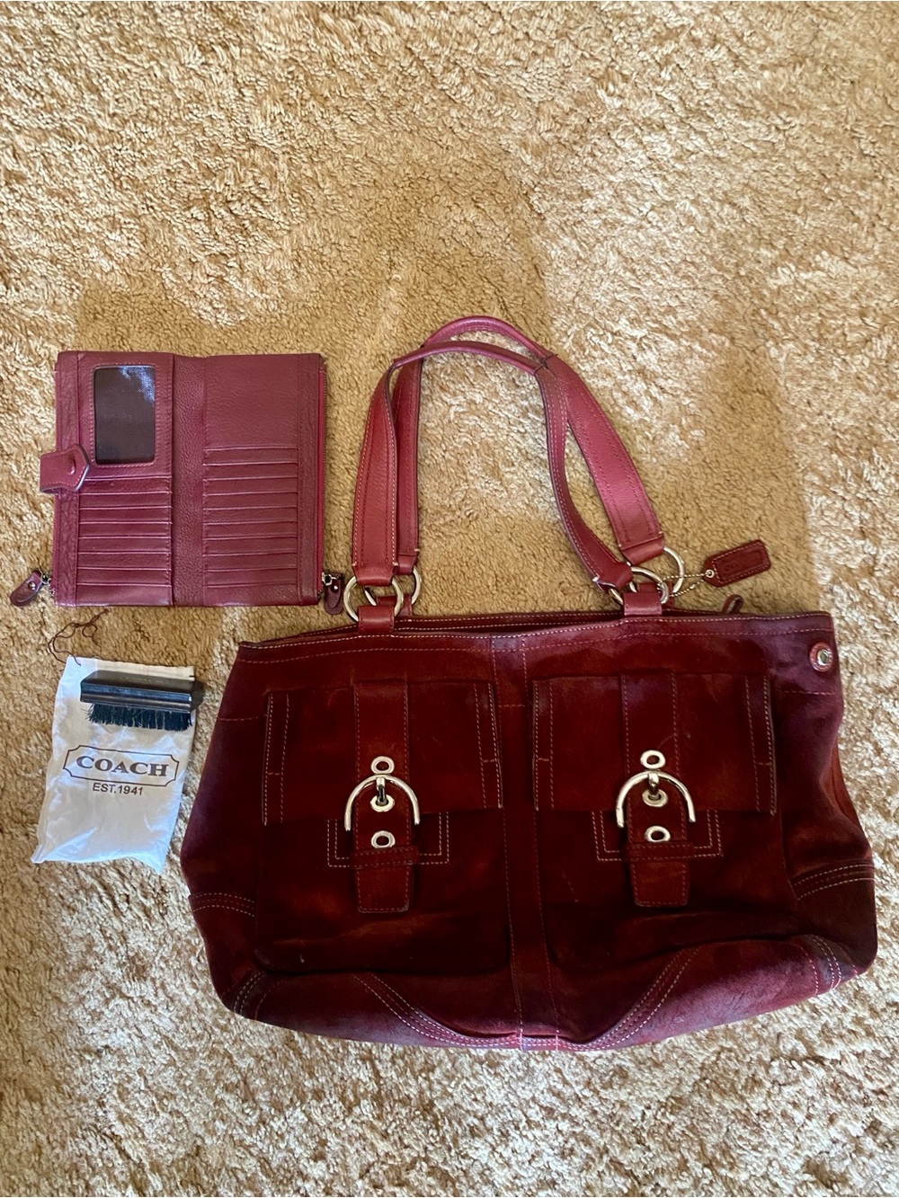 Coach Wine Burgundy Suede Tote with Matching (non Coach) Wallet & cleaning brush
